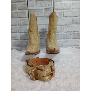 MEXICAN WOMEN'S HEELED ANKLE BOOTS & BELT Beige/Tan Color OSTRICH